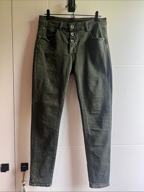 Italian Olive Green Button-Front Skinny Jeans
